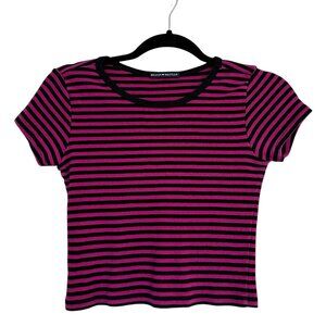 Brandy Melville Pink and Black Stripe Baby Tee OS